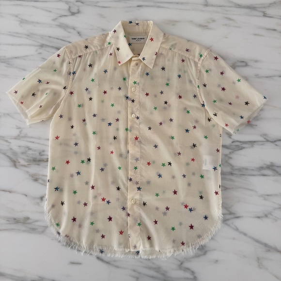 Saint Laurent Paris Star Print Sheer Button-Up Blouse (Made in Italy) Size US 36 - Picture 2 of 6